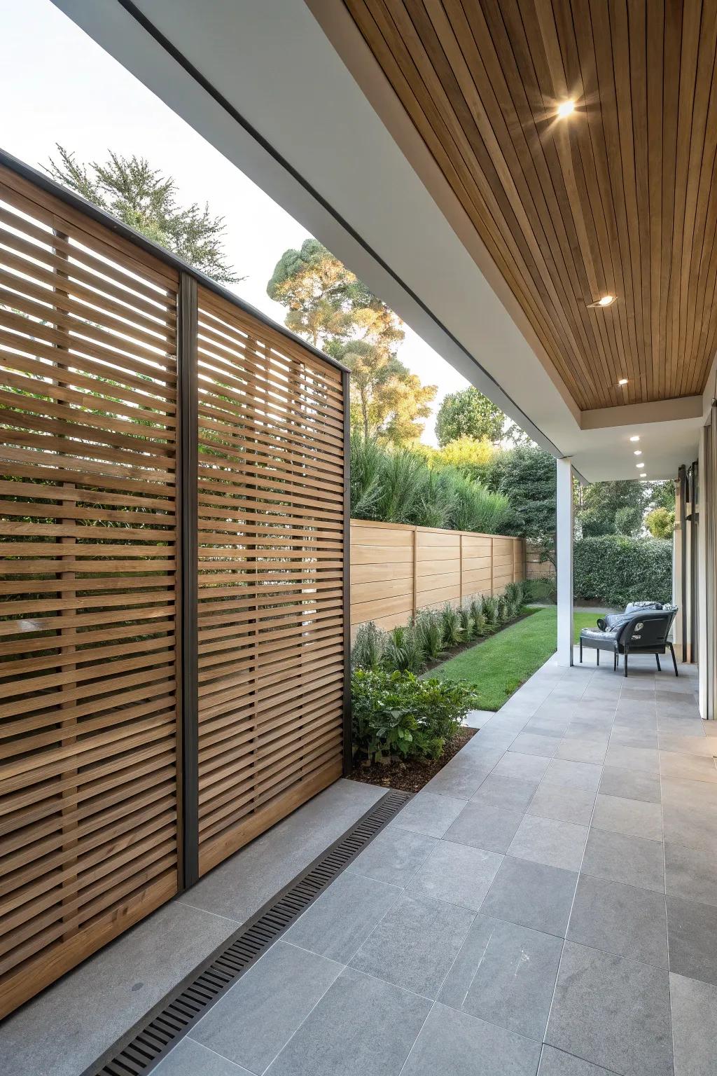 A modern patio showcasing a parallel wood design.
