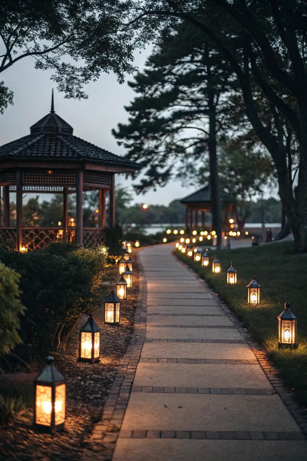 To the pavilion, lanterns create a warm and welcoming pathway.