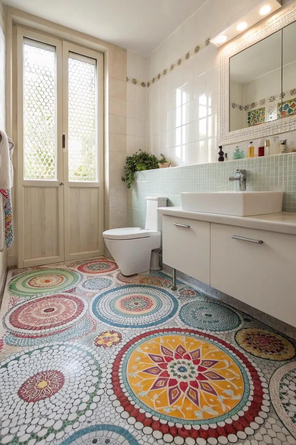 Bright penny tile motifs add a splash of color and character.
