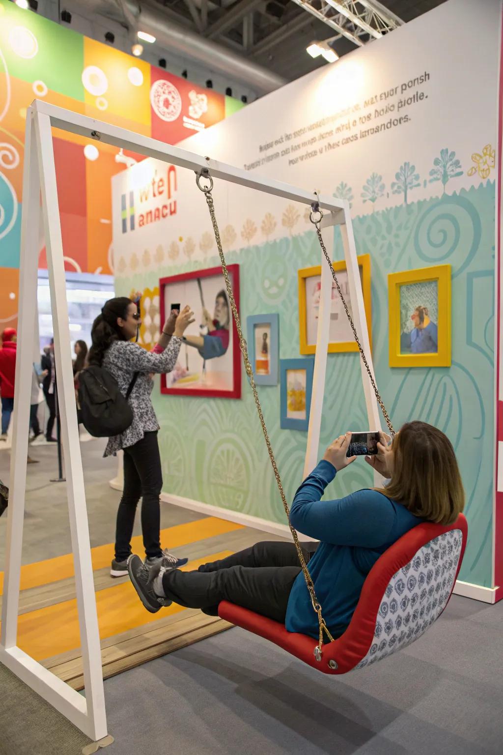 An interactive photo backdrop featuring a hanging seat and frames, promoting imaginative posing.