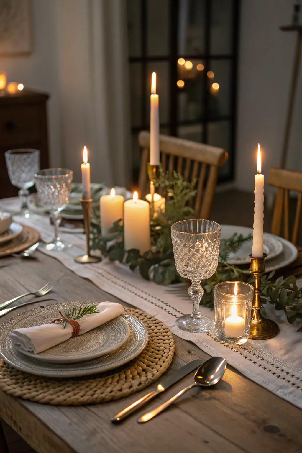 A tastefully arranged table featuring a warm candlelit atmosphere.