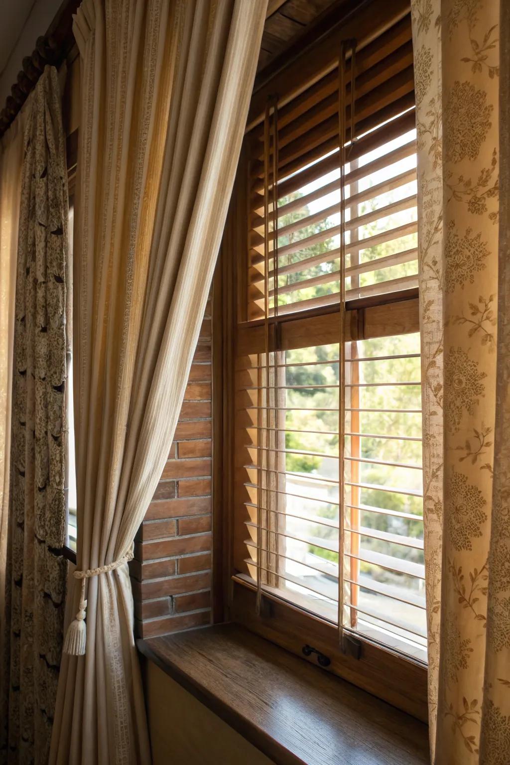 Layered textures of wooden blinds and fabric curtains that enhance a picture window.