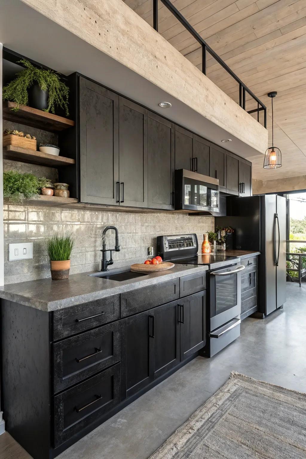 Aggregate and graphite appliances create an industrial yet contemporary cooking area.