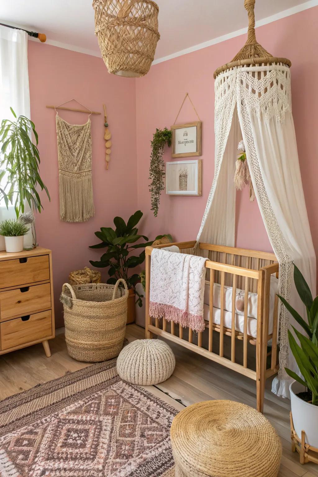 A bohemian nursery featuring a rose-tinted wall that exudes a grounded and chic presence.