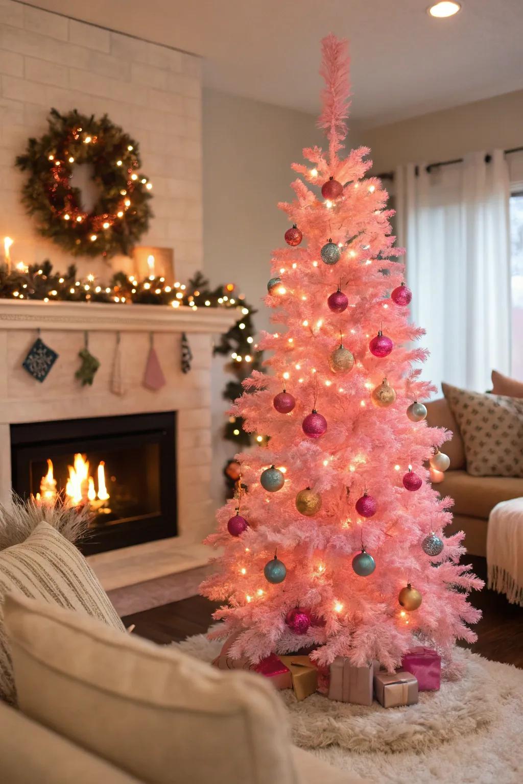 A snug nook beside the fireplace highlights this pink Christmas tree.