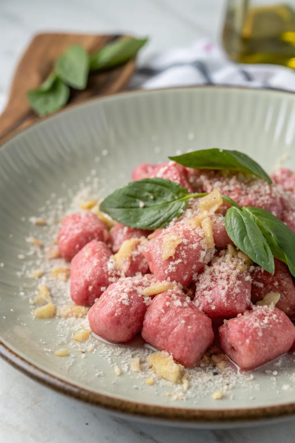 Blush potato dumplings are both refined and playful, ideal for a dinner celebration.