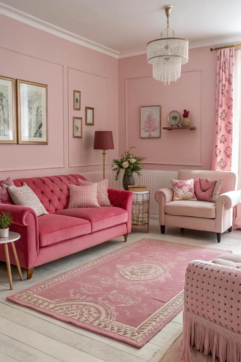 A monochromatic rose palette develops a cozy, unified aesthetic.