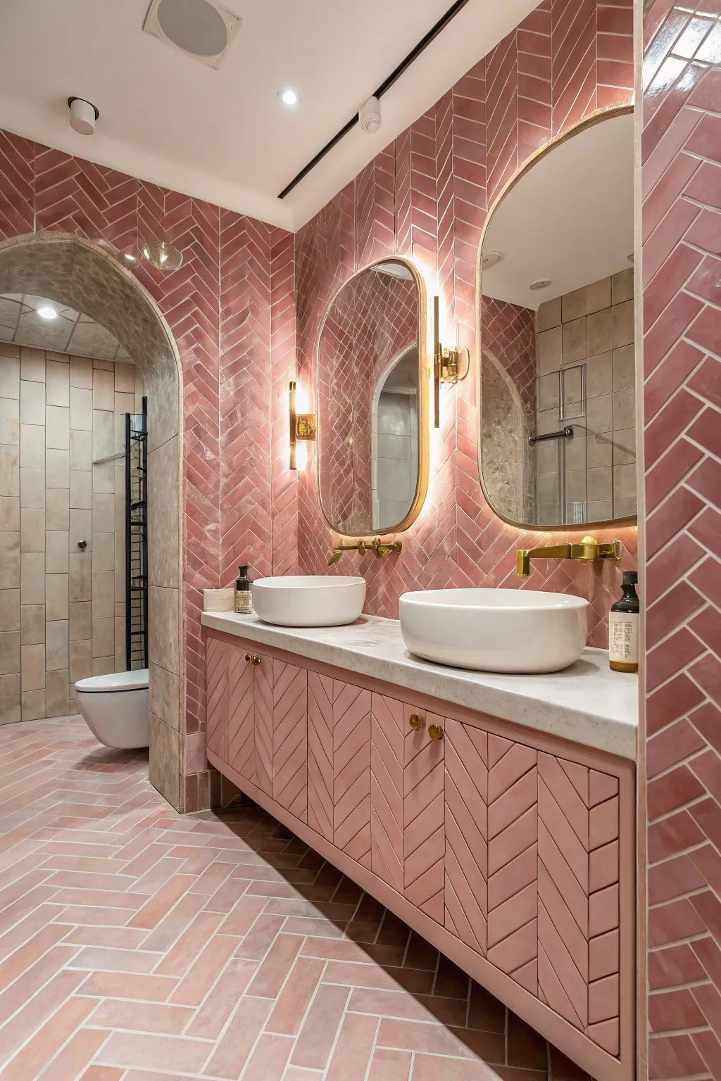 An artistic herringbone style of pink tiles in the bathroom.