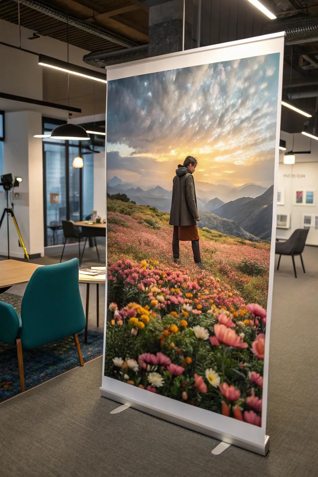 A surreal wall art depicting a person with flowers in a creative office.