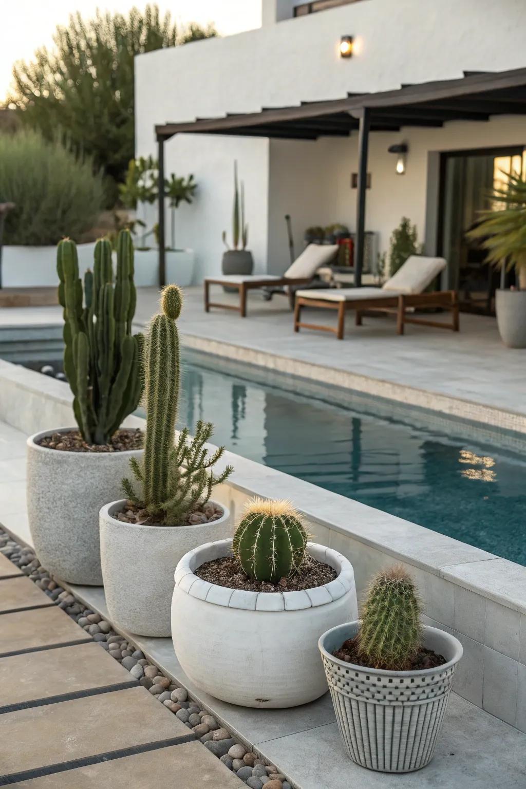 Cacti present a distinctive, modern touch to poolside decor.