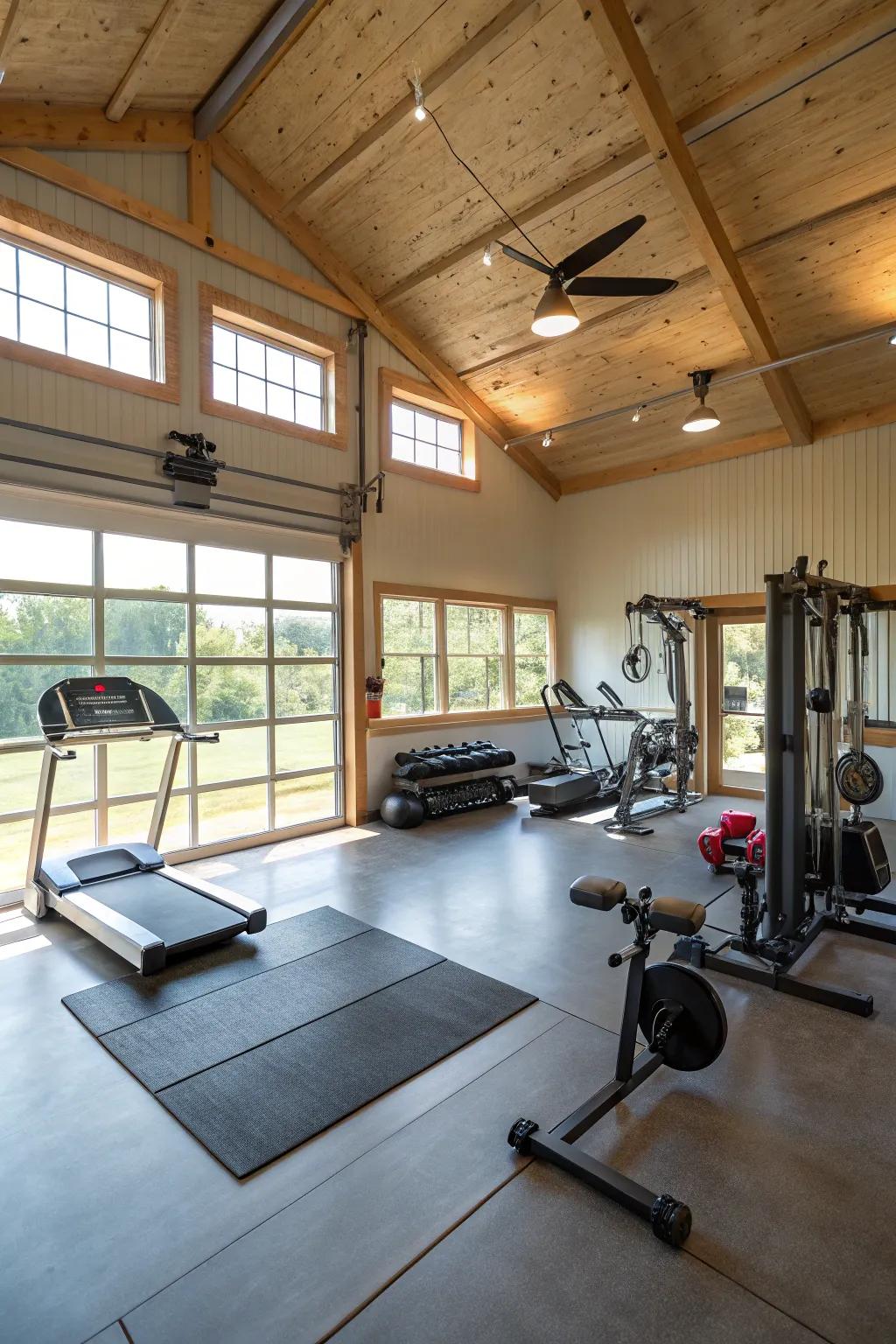 A personal gym featuring workout equipment and lots of sunlight within a pole barn.