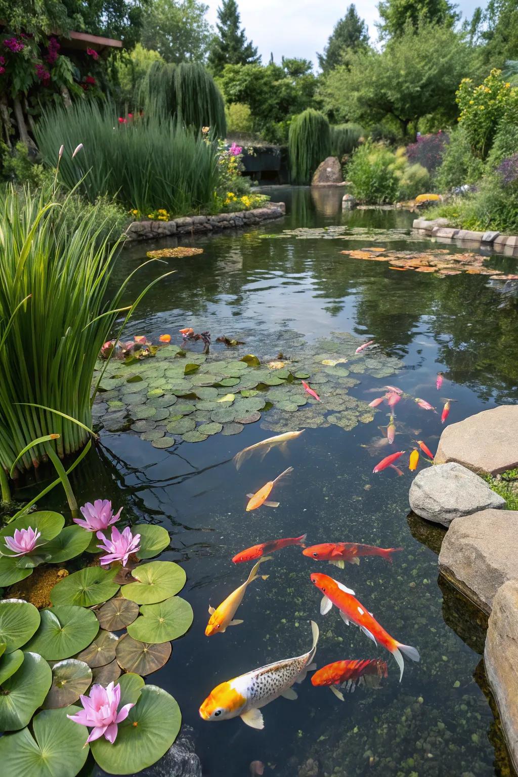A pond abounding with colorful fish, crafting a vibrant ecosystem.
