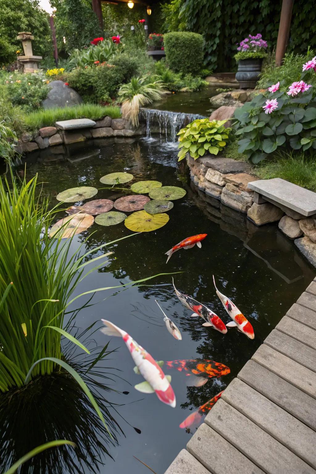 A backyard pond alive with vibrant rainbow fish.