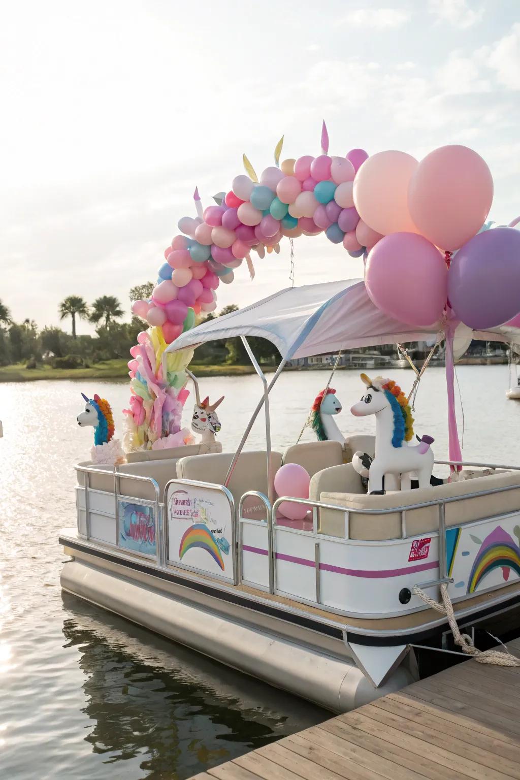 A fantasy-themed pontoon boat featuring magical unicorns and rainbows.