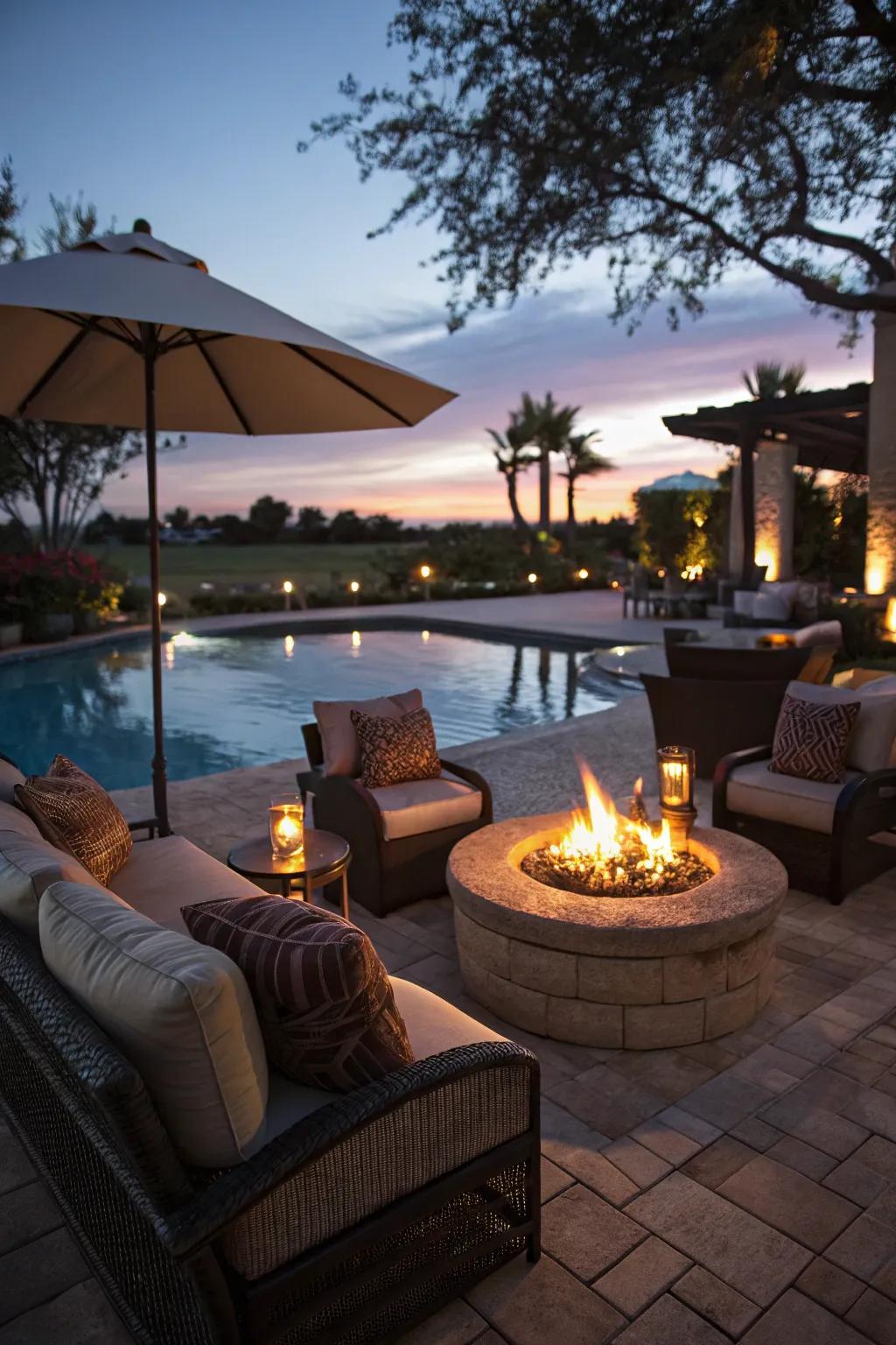 Fire pits add warmth and charm to poolside spaces.