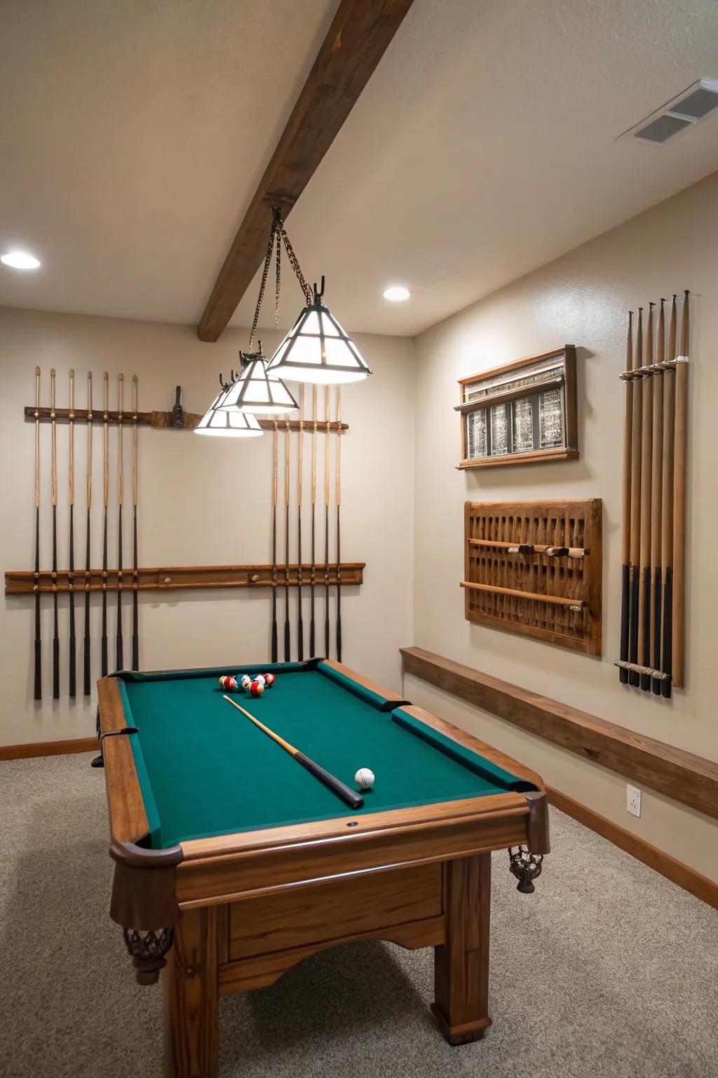Elevated storage keeps the pool room tidy and free of clutter.