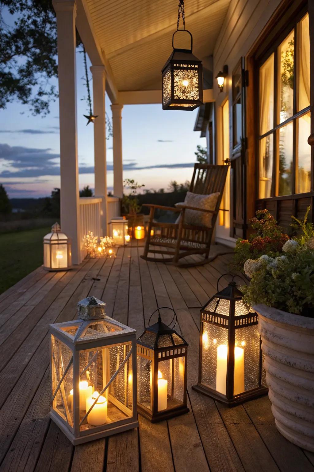 Charming lanterns infuse charm and warmth into the porch.