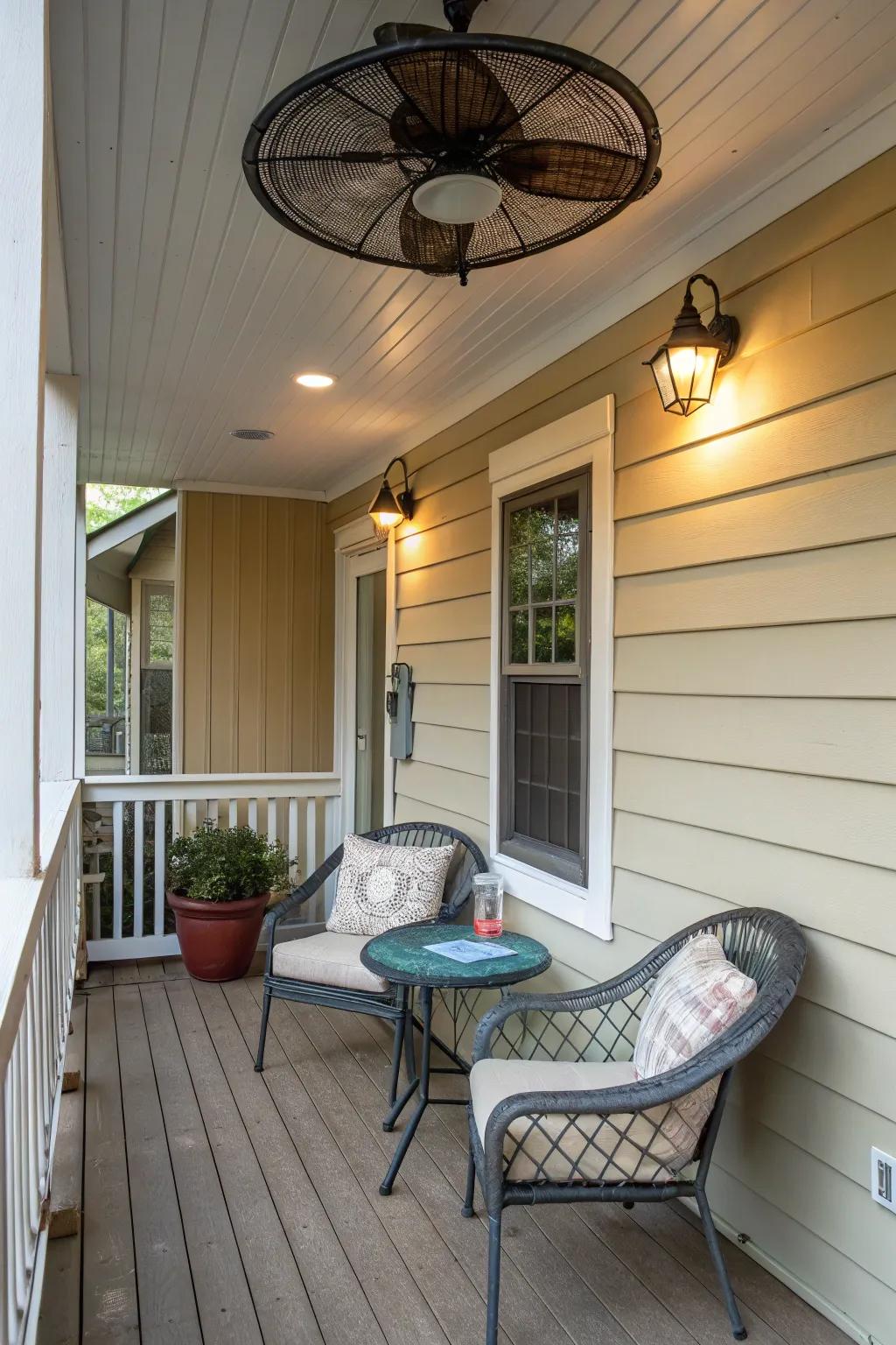 A side-mounted air circulator provides a space-saving cooling solution for this porch.