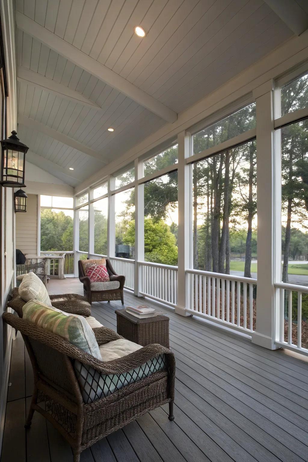 A shielded porch providing a bug-free outdoor experience.