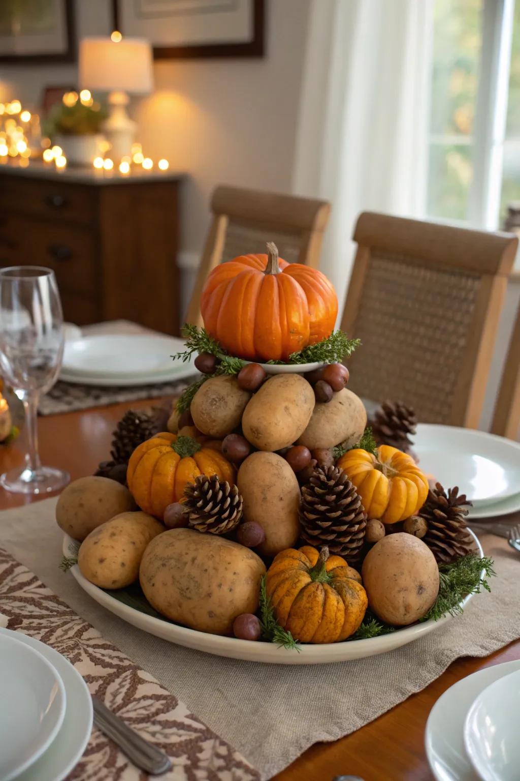 A festive potato display celebrating autumn.