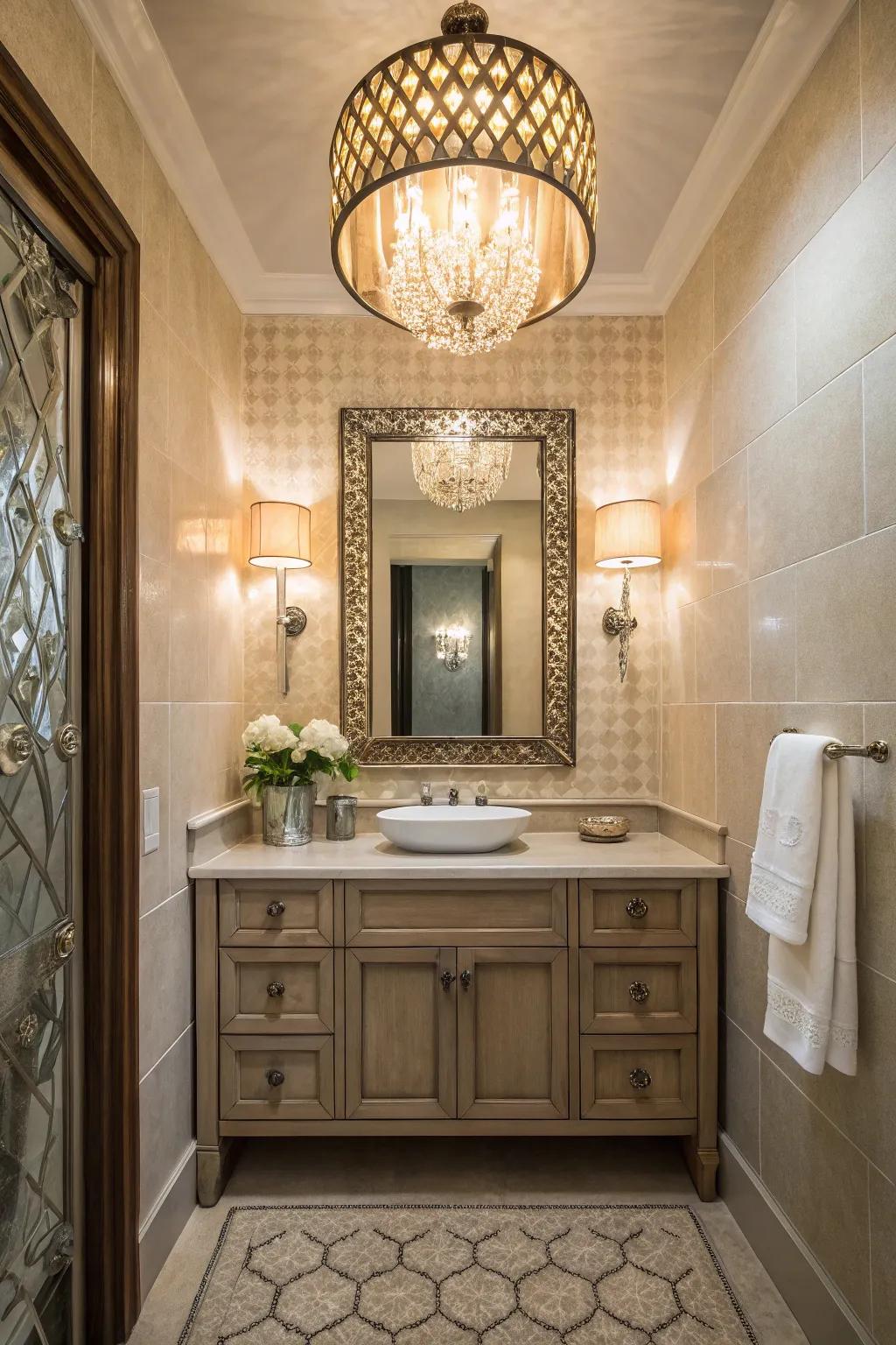 A powder room showcasing a unique ornamental light fixture.