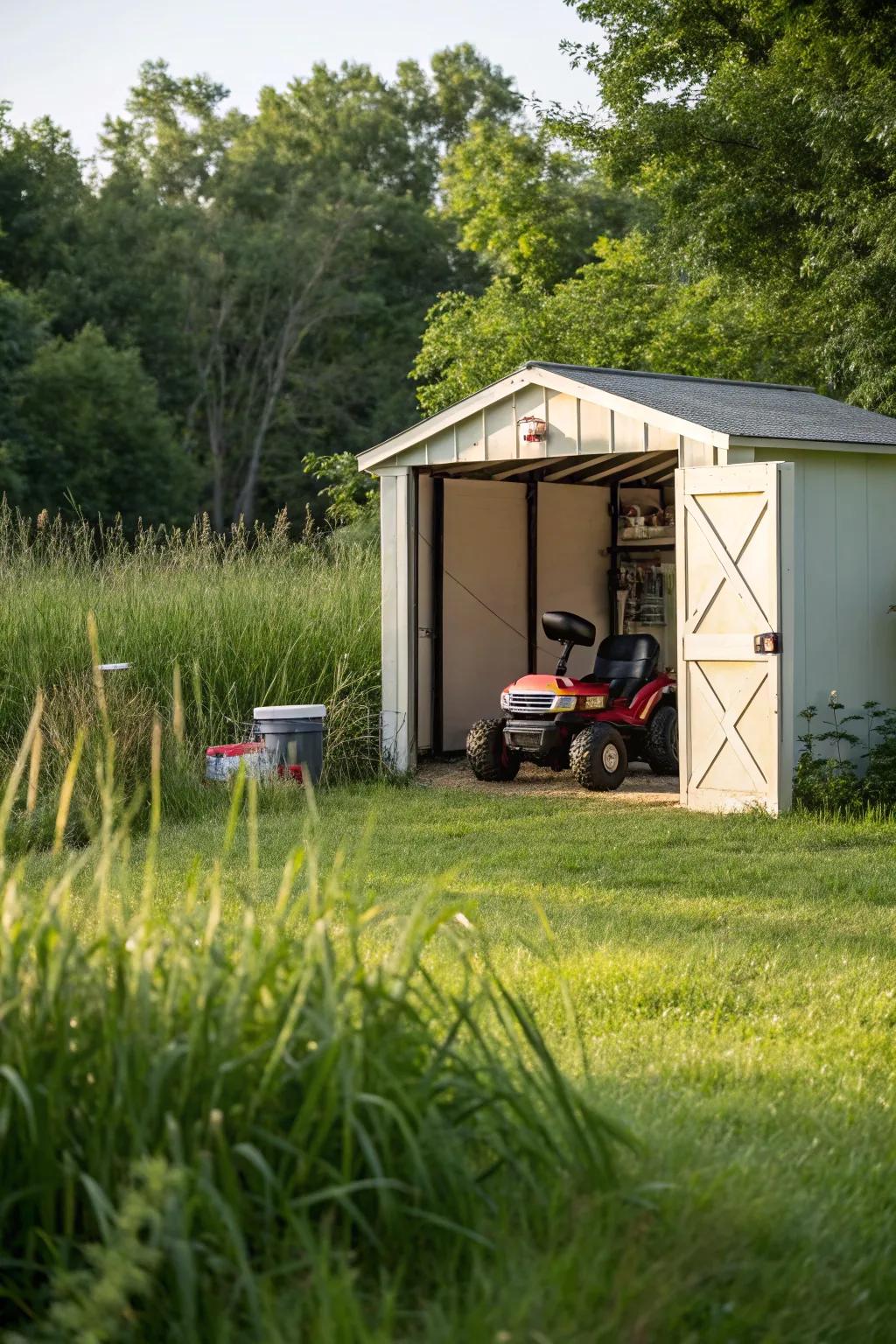 An outdoor storage shed providing shelter for motorized toys.