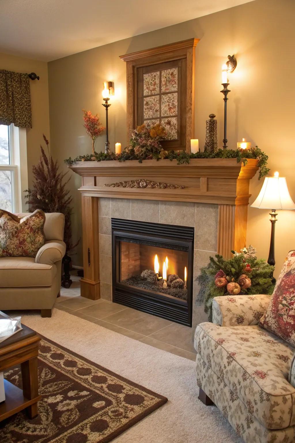 A comfortable living room with a propane fireplace and appealing ledge decoration.