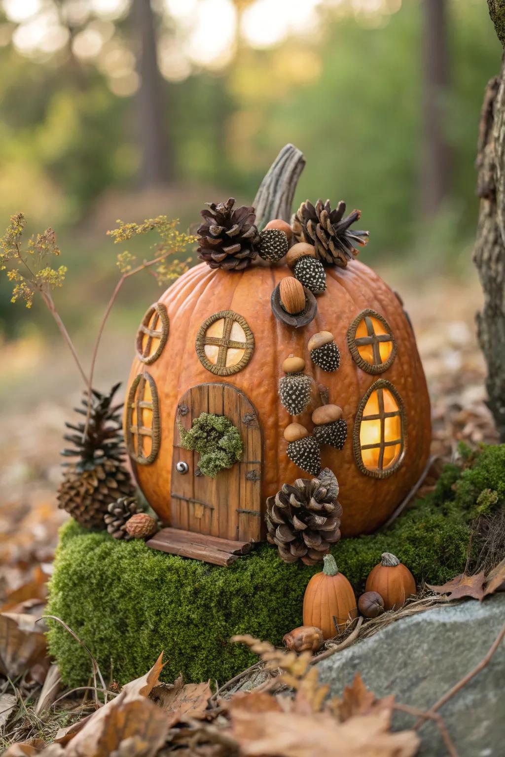 Uncover the enchantment of autumn with this captivating pumpkin pixie residence embellished with nut and cone accents.