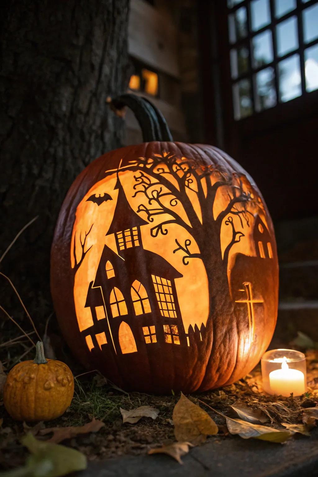 An eerie abode pumpkin that introduces a spine-chilling aspect to your Halloween.