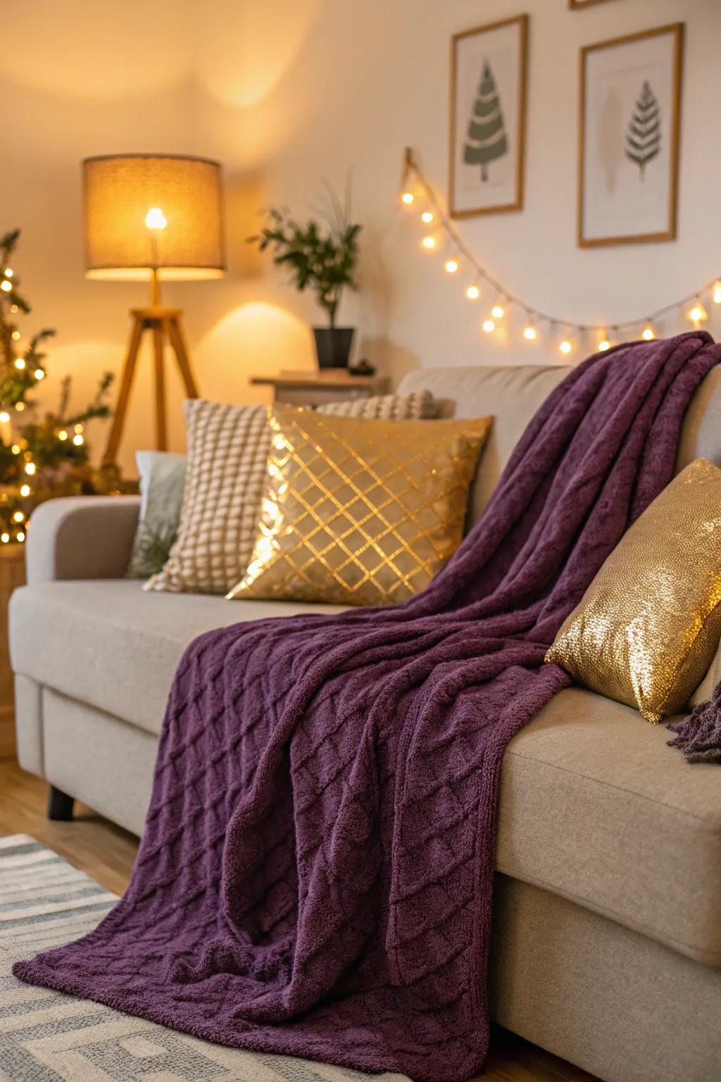 Layering with a purple throw introduces texture and warmth.
