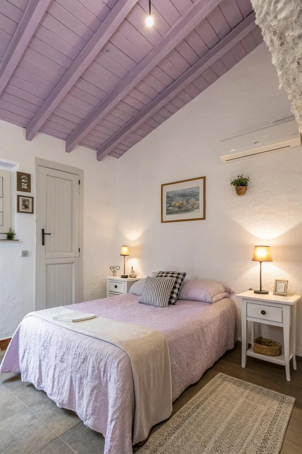 A purple painted ceiling infuses unanticipated dimension and richness.