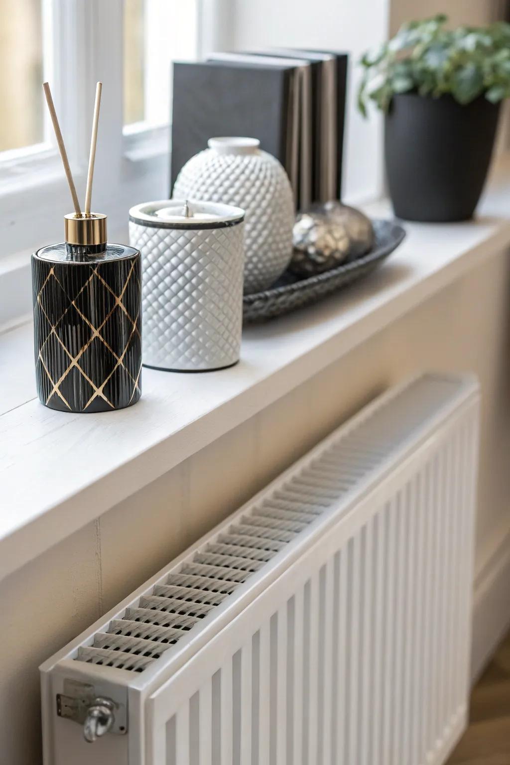 Simplicity is key with a minimalist approach to radiator shelf decor.