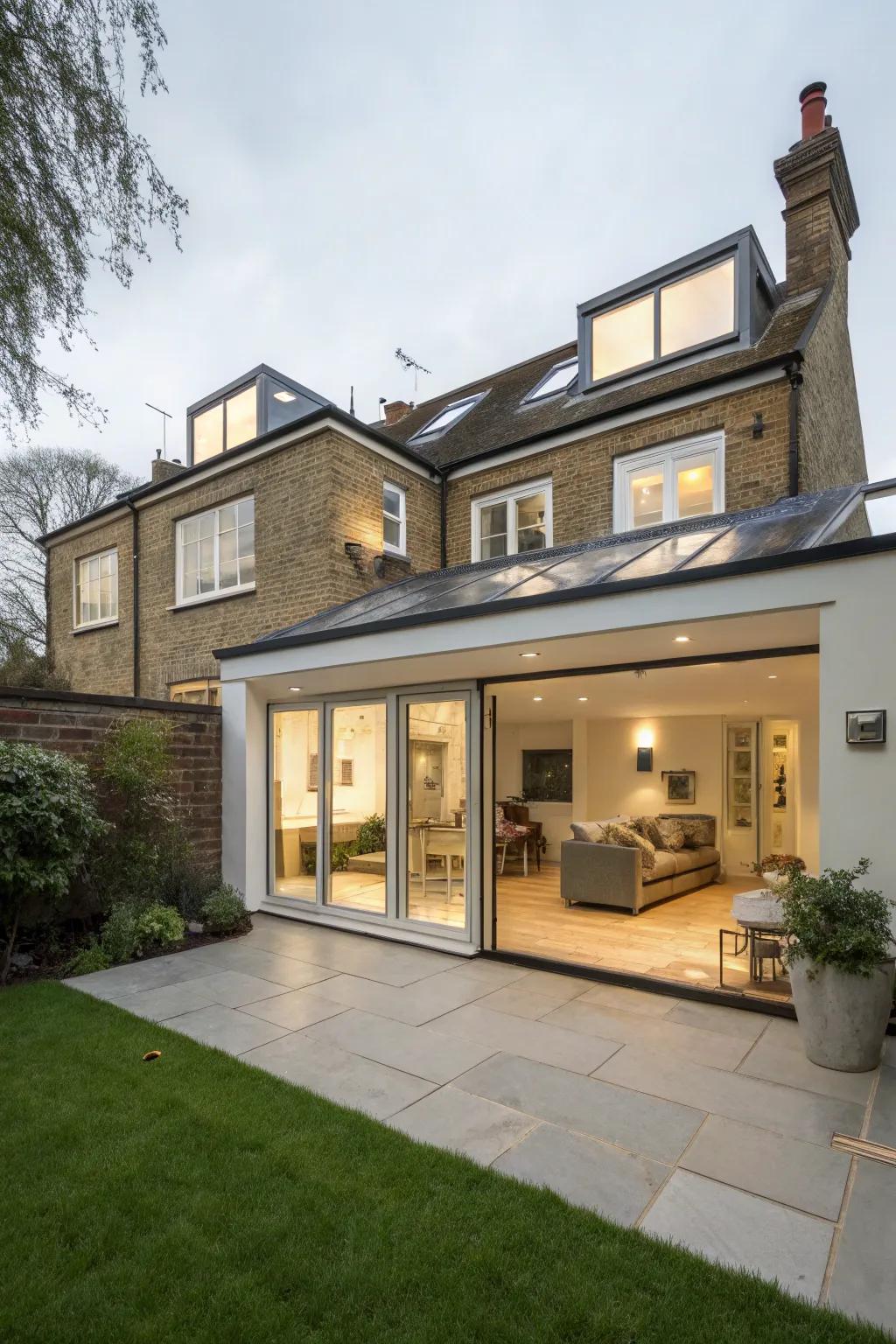 A rear extension enhanced with skylights, creating a bright and airy atmosphere.