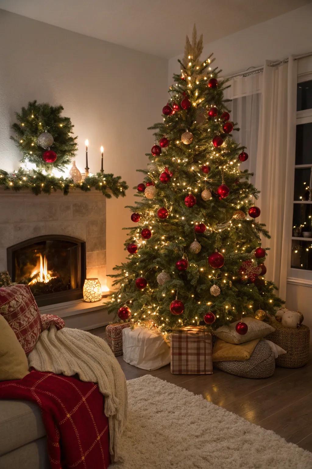 Warm white lights enhance the red and gold theme beautifully.
