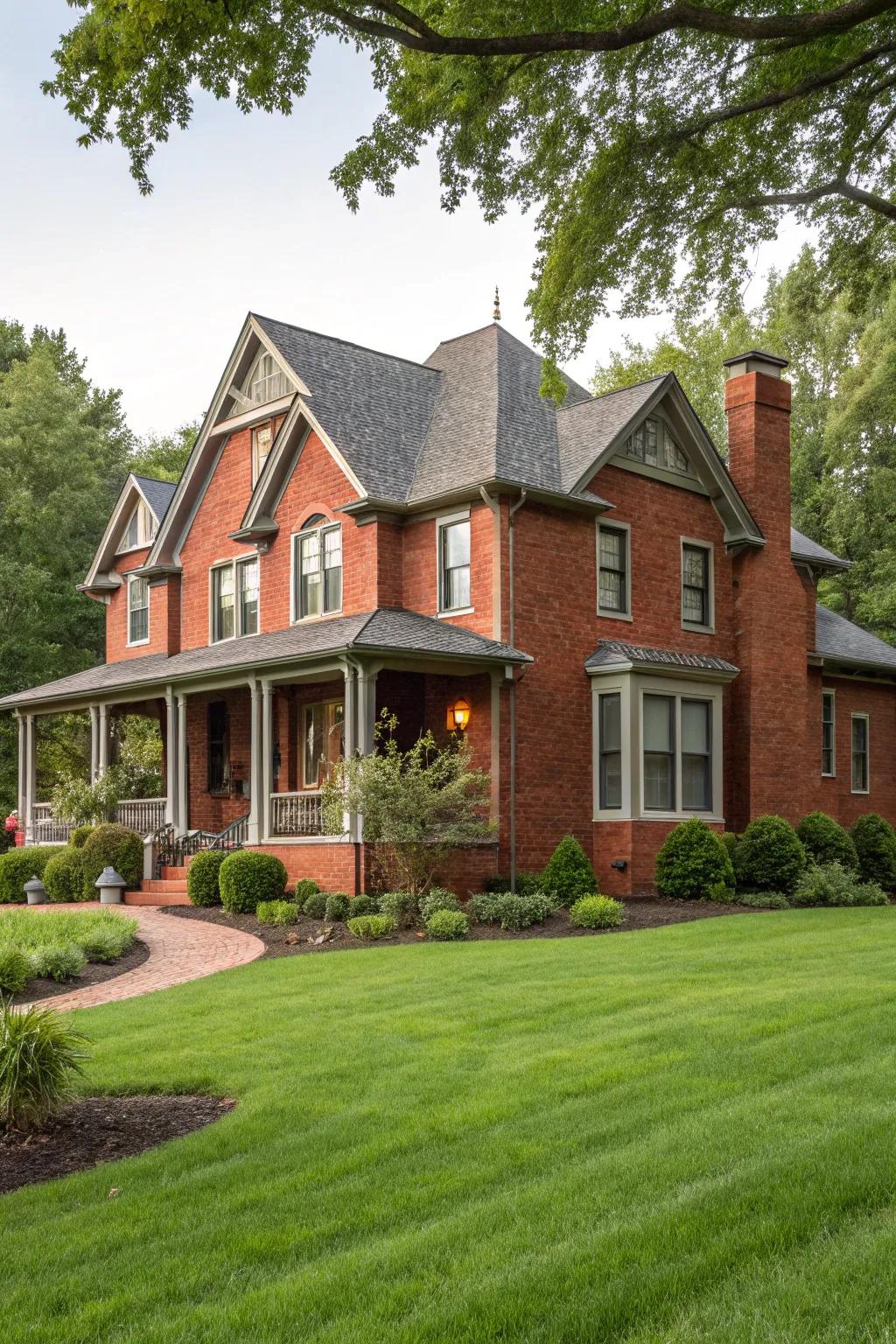Warm gray trim offers a harmonious and elegant aesthetic to red brick exteriors.