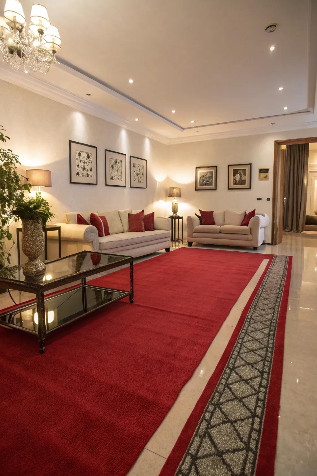A living room where a scarlet floor covering beautifully accents a neutral palette.