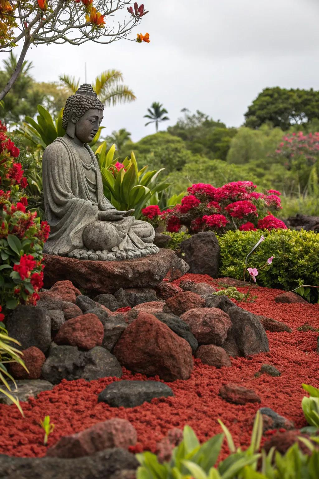 Scarlet volcanic stones highlight a garden sculpture, turning it into a central point.