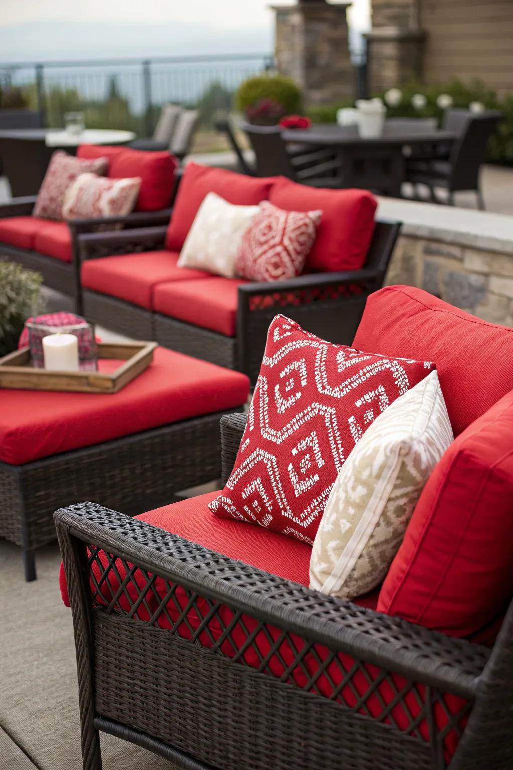 Scarlet cushions refresh the patio décor.