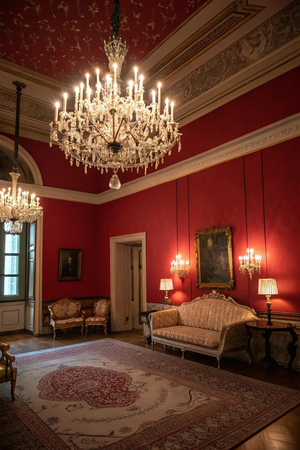 Dramatic illumination highlights the rich red shades in this fashionable space.