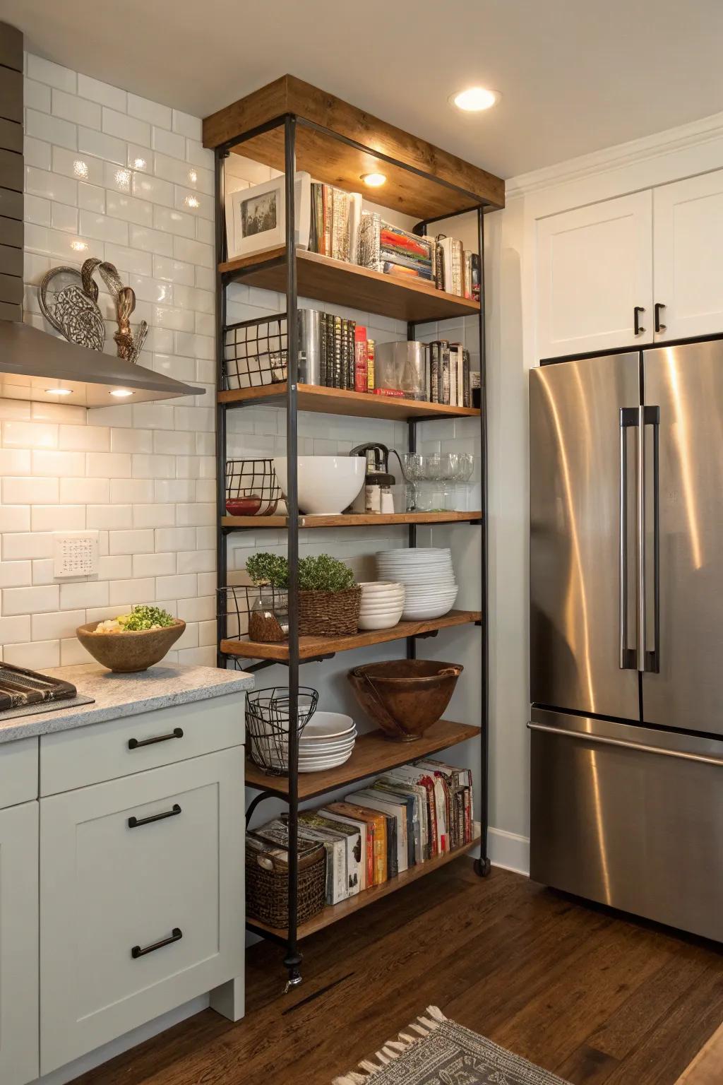 Ornamental shelving encircling the refrigerator infuses character and function into the kitchen.