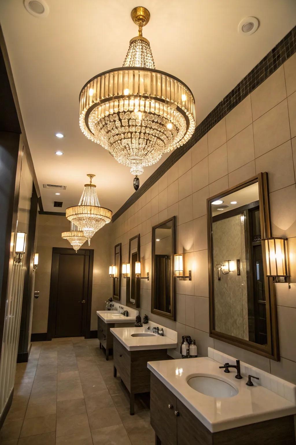 Statement illumination transforms this restroom into a sophisticated sanctuary.