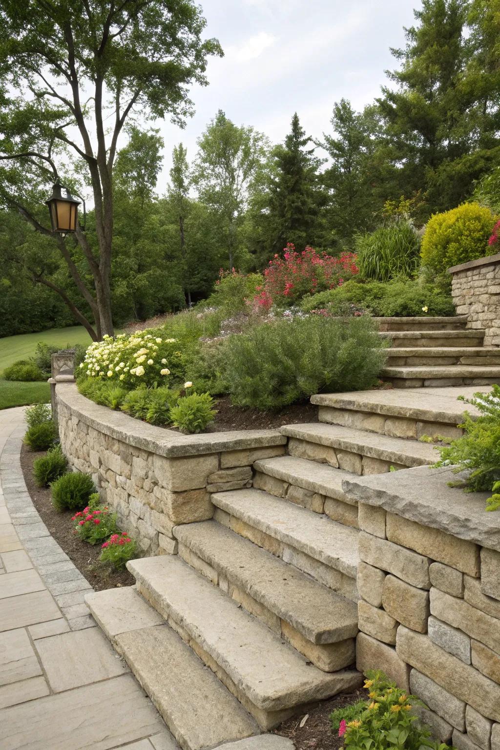 A border wall featuring integrated steps providing entry through a lush garden.