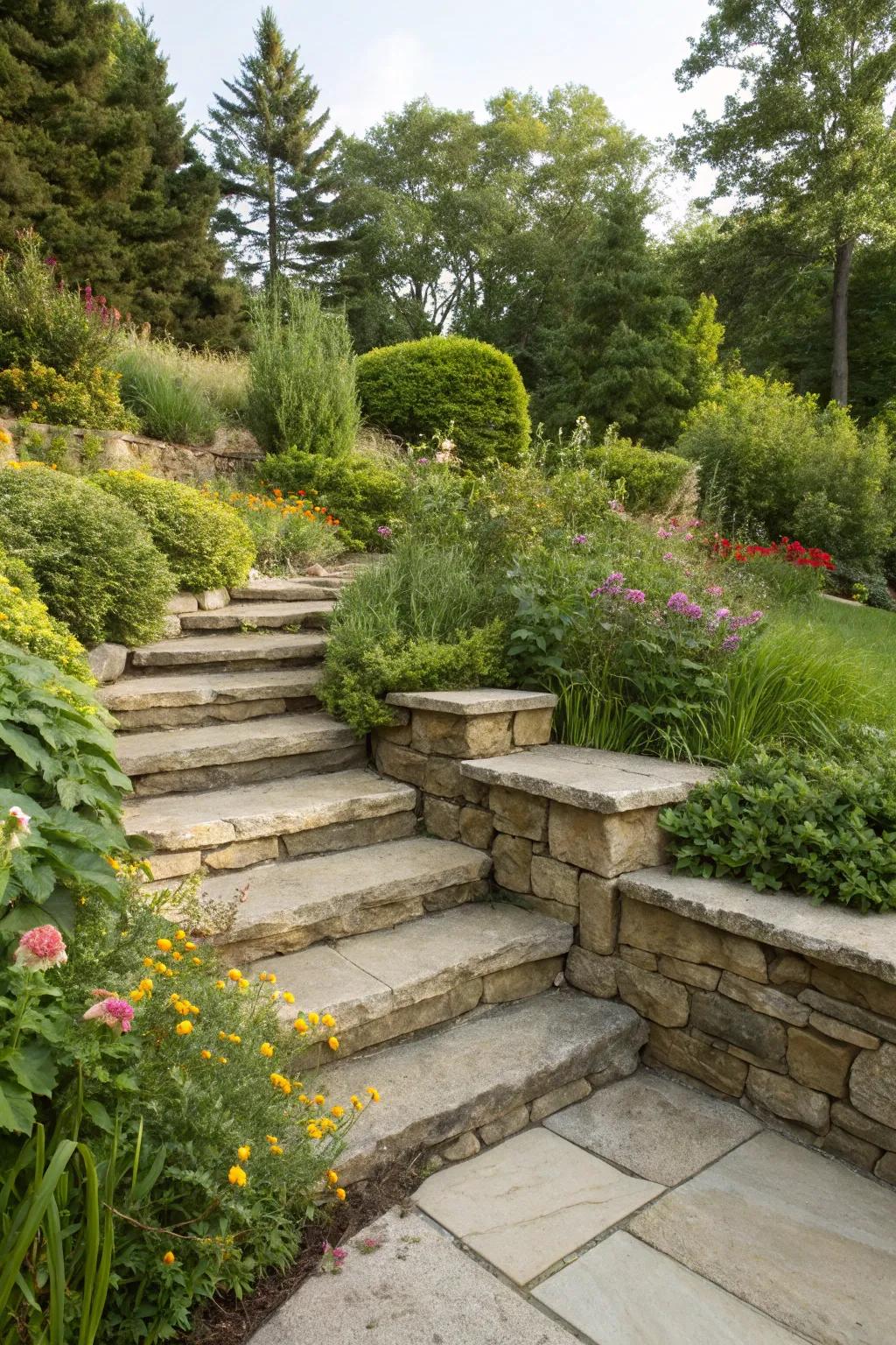 Integrated steps enhance both function and beauty of retaining walls.