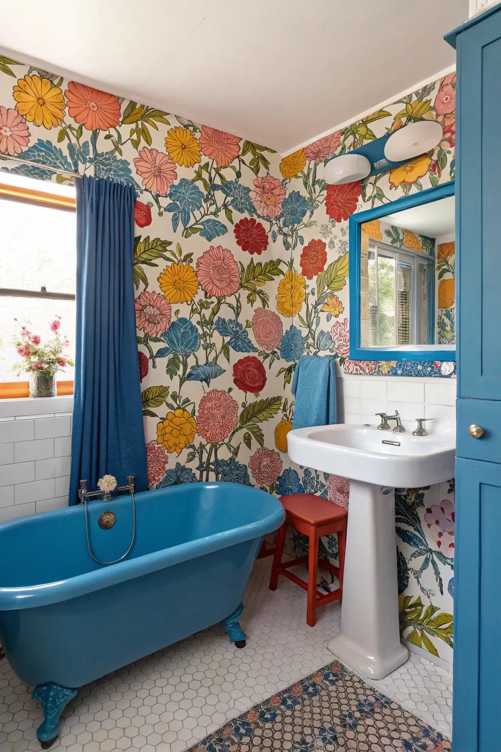 Botanical wall covering that conveys a dramatic flair to the lavatory.