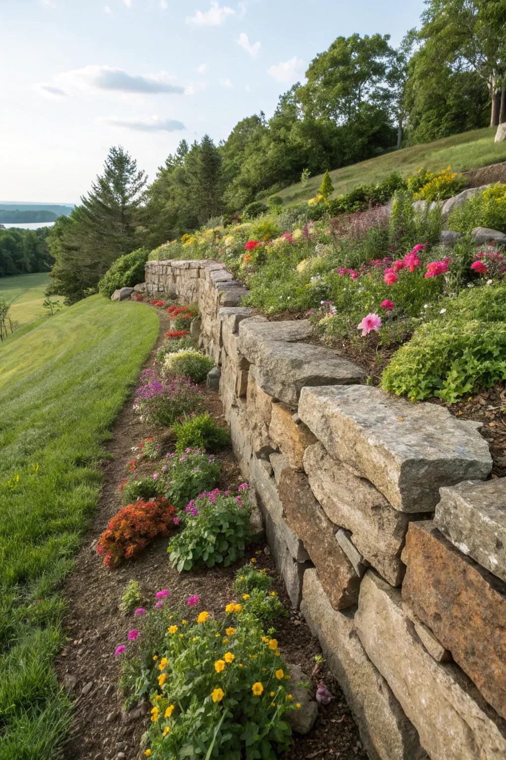 A sturdy rock supportive wall backing up a lush hillside garden.
