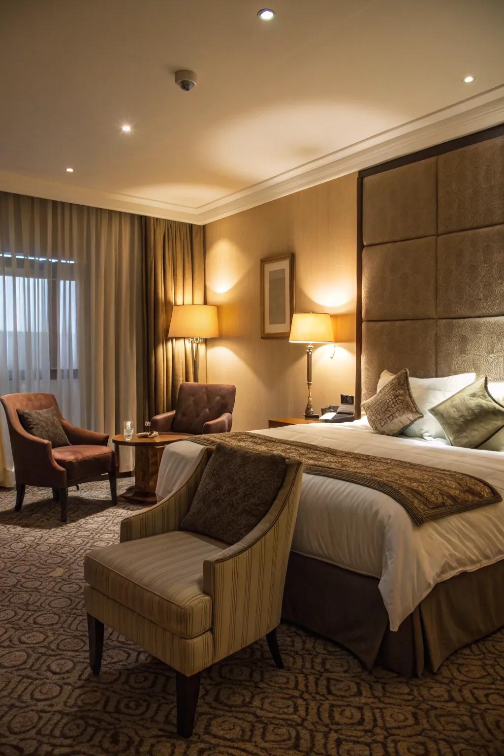 Subdued illumination conjures a cozy, romantic atmosphere.