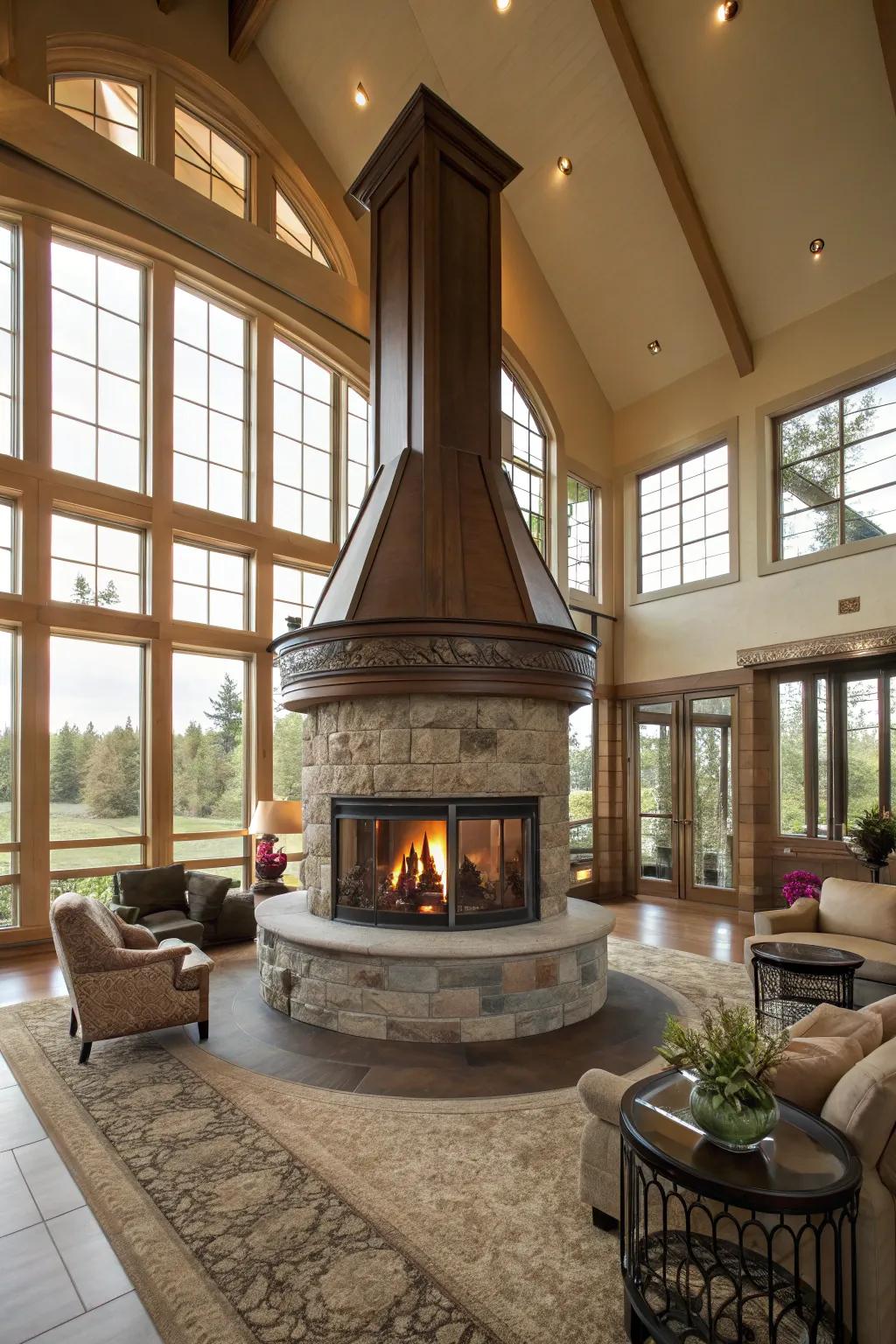 Full-view fireplaces create a united atmosphere in large open rooms.