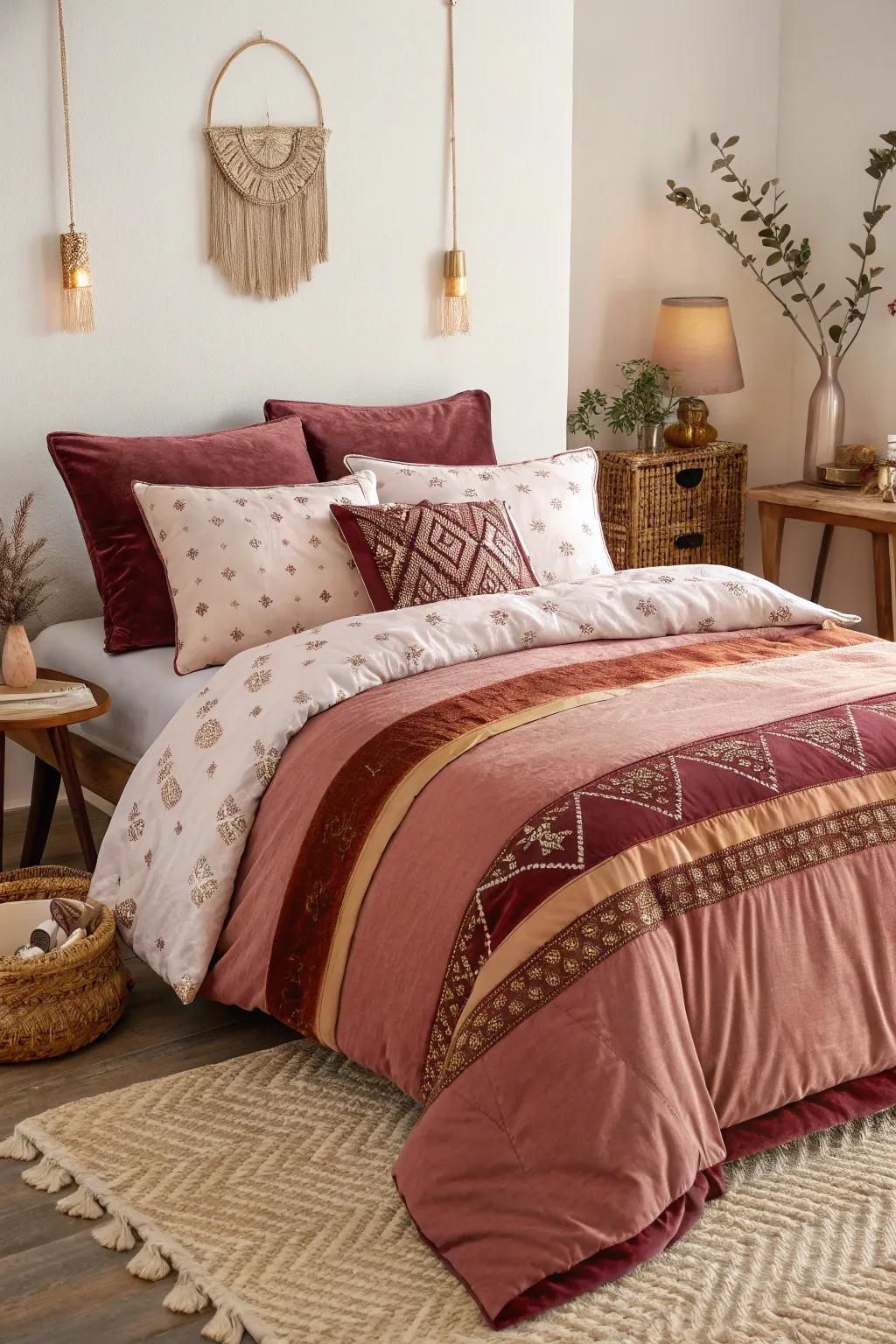 Tiered burgundy and luster bedding conjures an extravagant and welcoming bed setting.