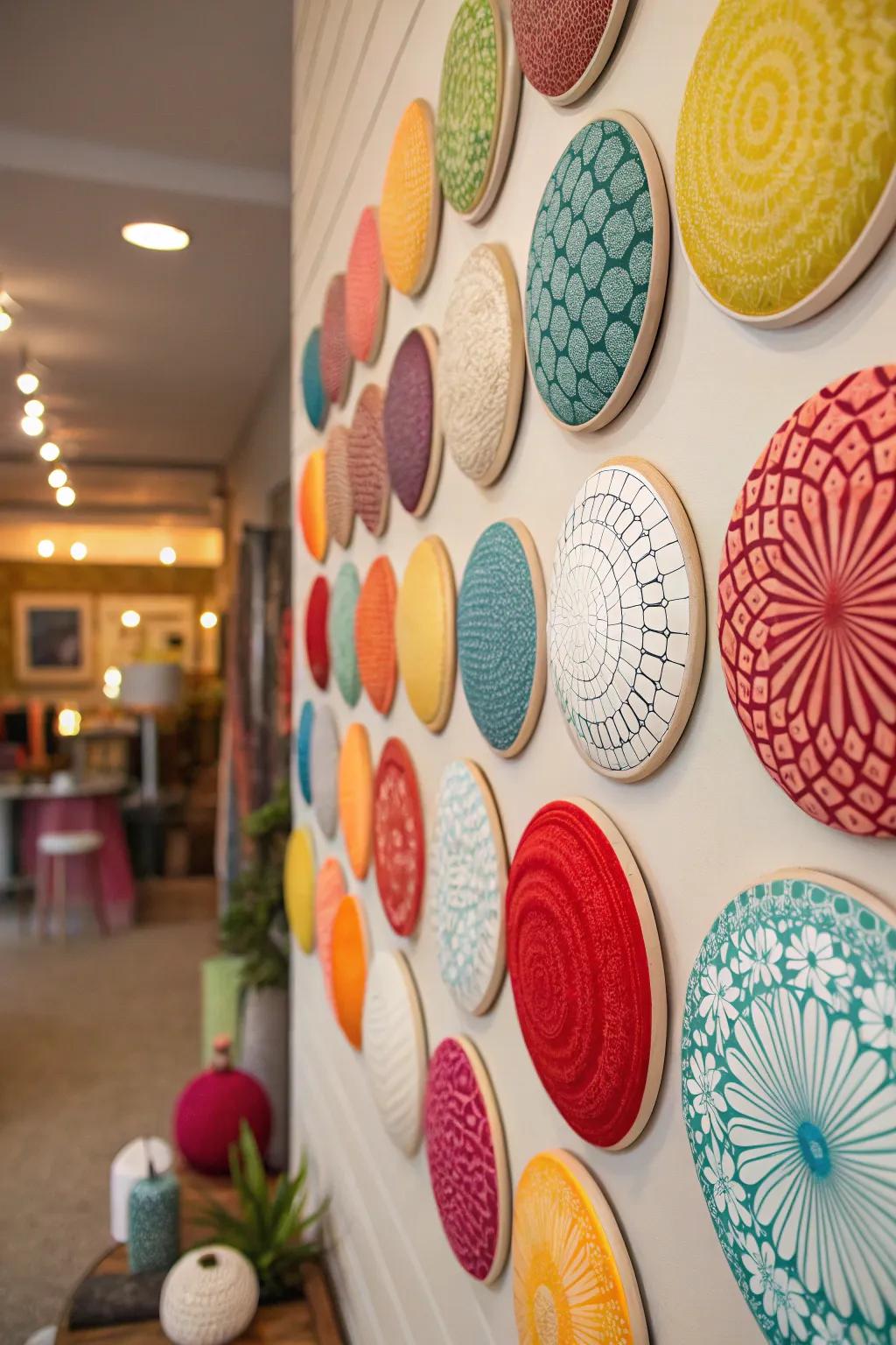 Grouped round decorative pieces that establish a dynamic wall exhibit.