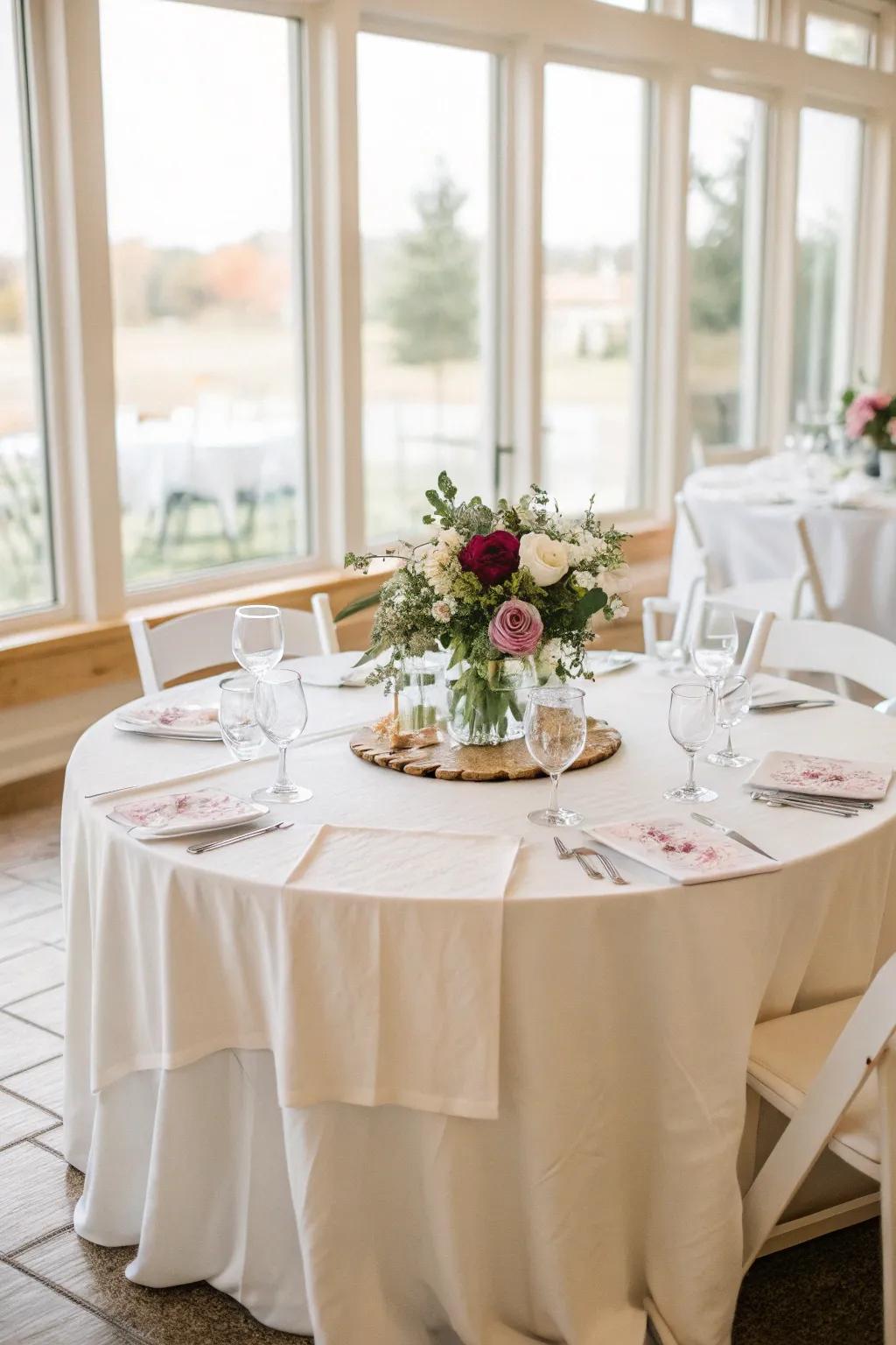 Subtle refinement using a flax table covering in a luminous ambiance.